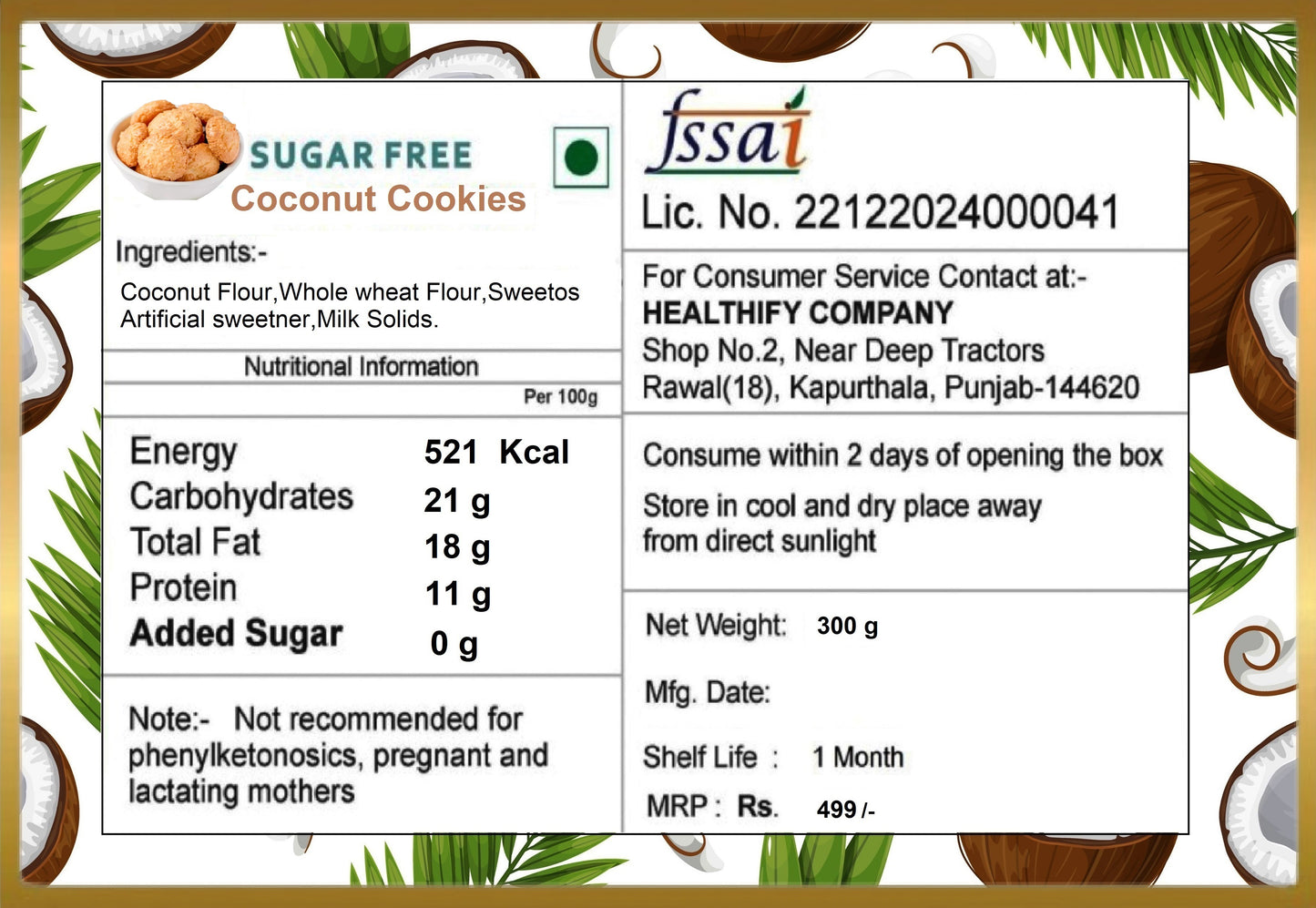 Sugar Free Coconut Cookies ( 300 g )