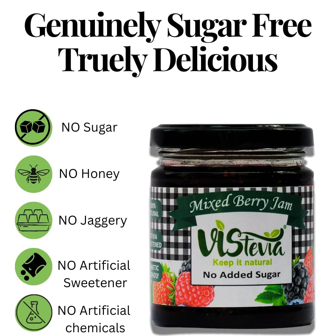 Vistevia Sugar Free Mixed Berry Jam, Diabetic and Keto Friendly - Sweetened Naturally with Stevia, More Than 60% Berries Content - Tastes Delicious - Pack of 1 (220GM )