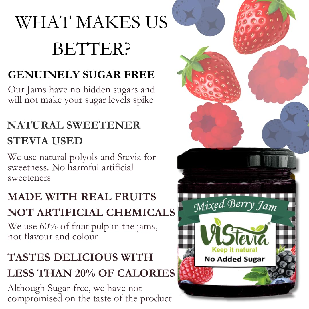 Vistevia Sugar Free Mixed Berry Jam, Diabetic and Keto Friendly - Sweetened Naturally with Stevia, More Than 60% Berries Content - Tastes Delicious - Pack of 1 (220GM )