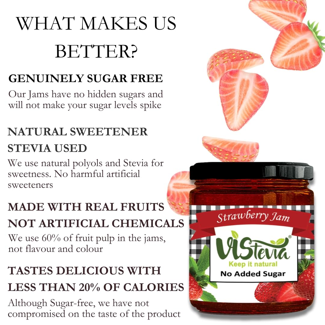 Vistevia Sugar Free Strawberry Jam, Diabetic and Keto Friendly - Sweetened Naturally with Stevia, More Than 60% Strawberries Content - Tastes Delicious - Pack Of 1 (220GM)