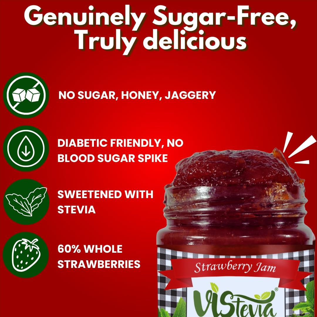 Vistevia Sugar Free Strawberry Jam, Diabetic and Keto Friendly - Sweetened Naturally with Stevia, More Than 60% Strawberries Content - Tastes Delicious - Pack Of 1 (220GM)