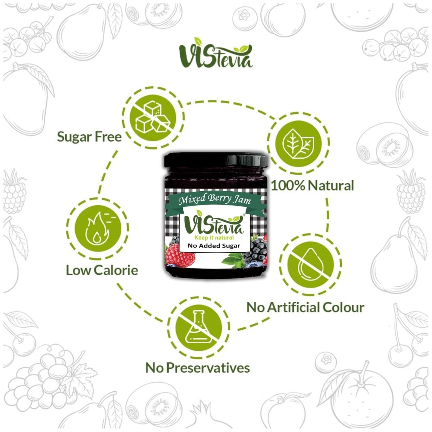 Vistevia Sugar Free Mixed Berry Jam, Diabetic and Keto Friendly - Sweetened Naturally with Stevia, More Than 60% Berries Content - Tastes Delicious - Pack of 1 (220GM )