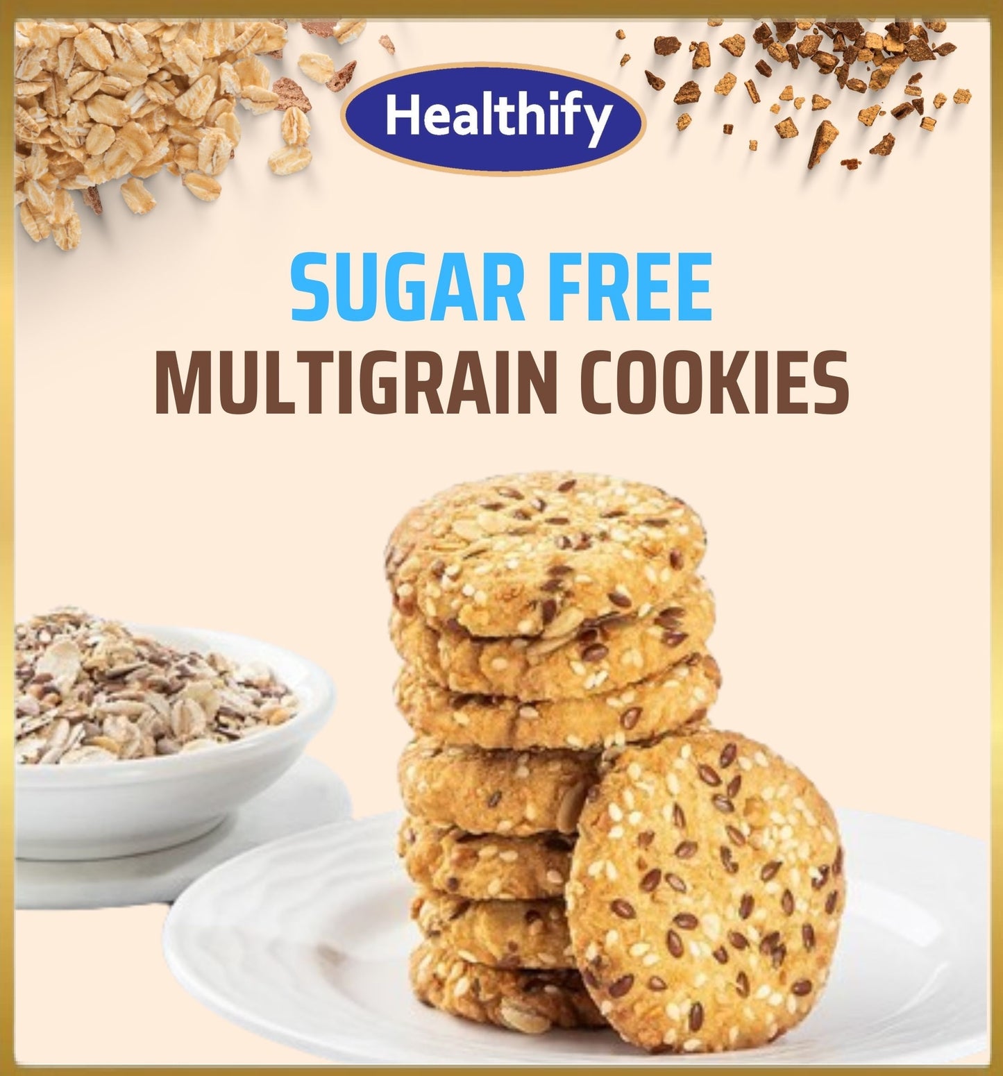 Healthify Sugar Free Multigrain Cookies Biscuits ( 300 gram ) | Diabetic Friendly | Low GI | Digestive Healthy Biscuits | Zero Sugar Diabetic Cookies | Baked Healthy Diabetic Snacks