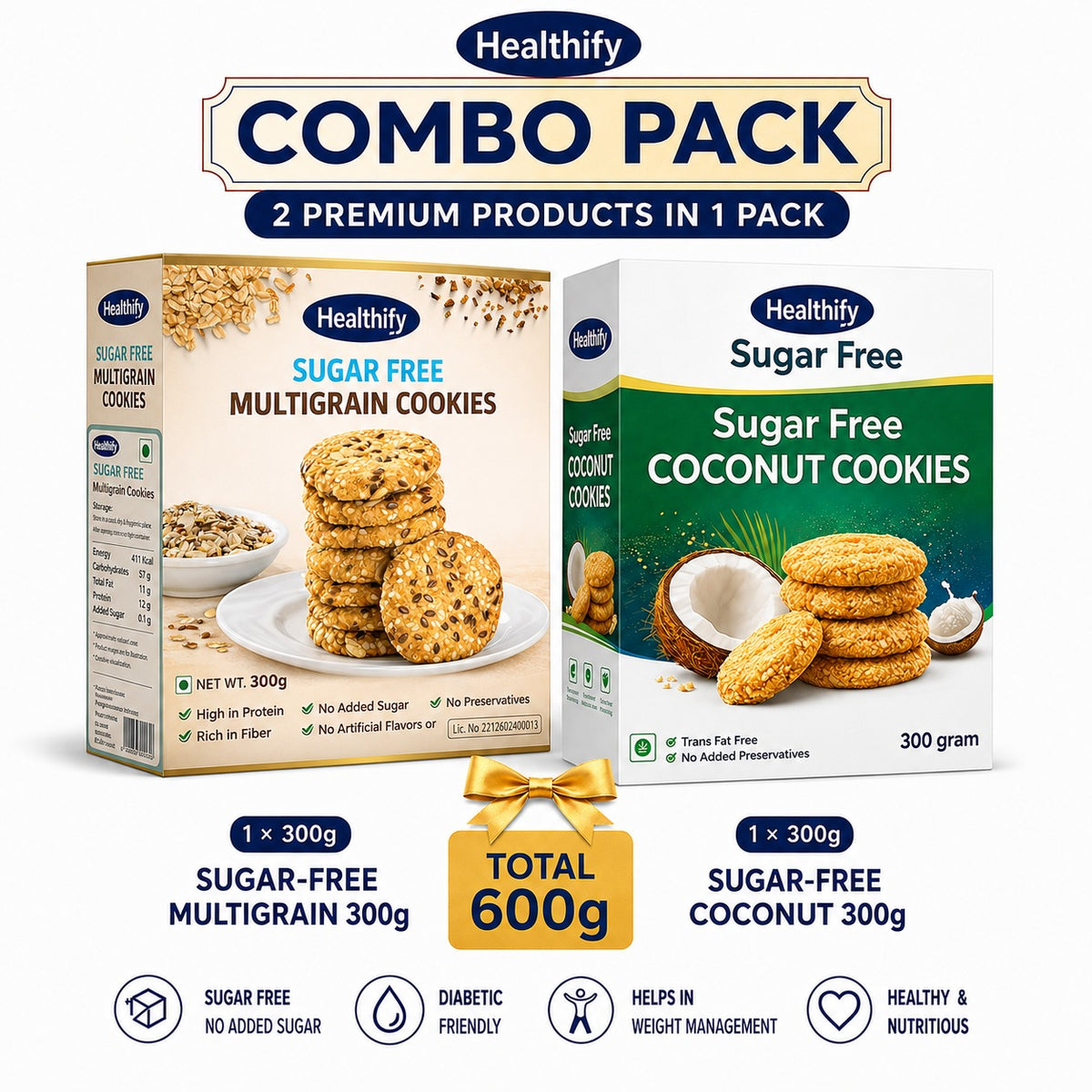 Sugar Free cookies Biscuits Combo Pack 600g | Sugar Free Multigrain Cookies 300g + Sugar Free Coconut Cookies 300g | No Added Sugar, High Fiber, Diabetic Friendly, Healthy & Nutritious Biscuits for Weight Management | 2 Premium Cookie Pack