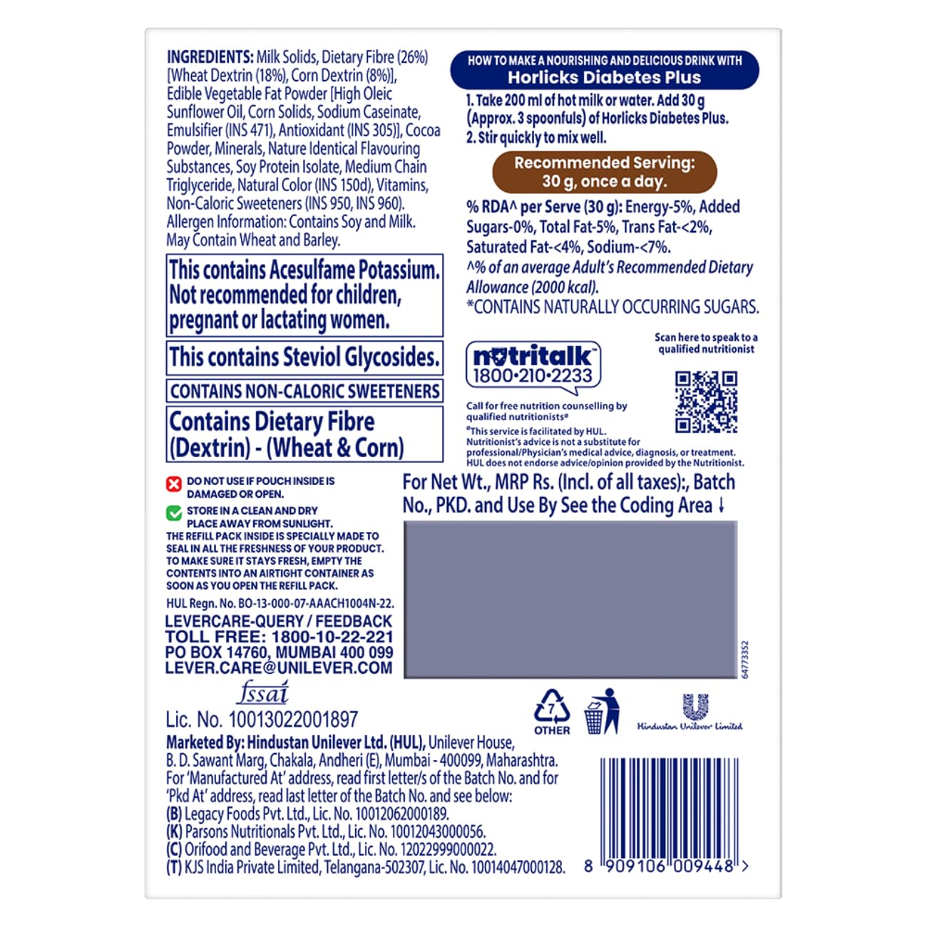 Horlicks Diabetes Plus,Chocolate|Helps Manage Blood Sugar From Day 1,Powder,1 Count,400 Grams