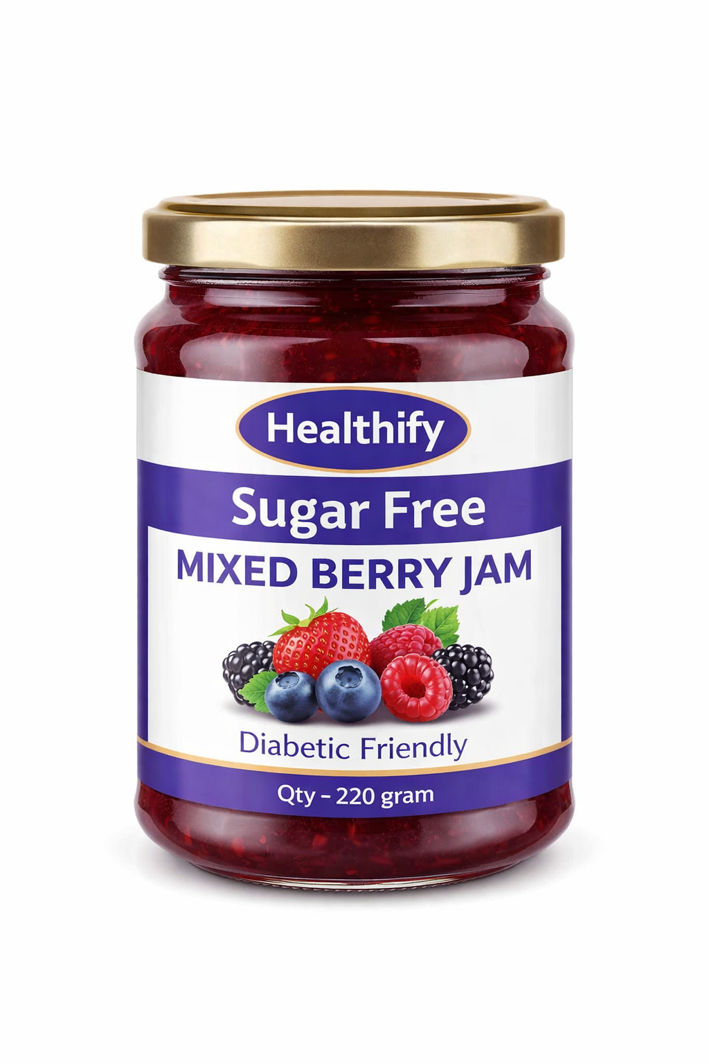 Sugar Free Mixed Berry Jam, Diabetic Friendly - Sweetened Naturally with Stevia, More Than 60% Berries Content - Tastes Delicious - Pack of 1 (220GM )