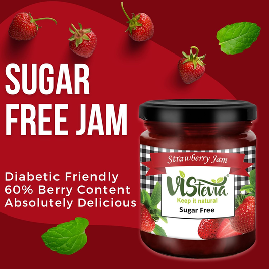 Vistevia Sugar Free Strawberry Jam, Diabetic and Keto Friendly - Sweetened Naturally with Stevia, More Than 60% Strawberries Content - Tastes Delicious - Pack Of 1 (220GM)