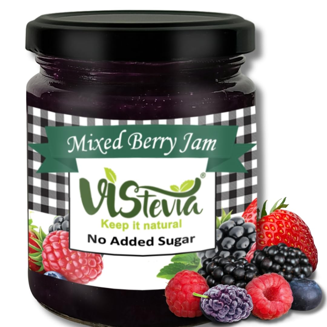 Vistevia Sugar Free Mixed Berry Jam, Diabetic and Keto Friendly - Sweetened Naturally with Stevia, More Than 60% Berries Content - Tastes Delicious - Pack of 1 (220GM )