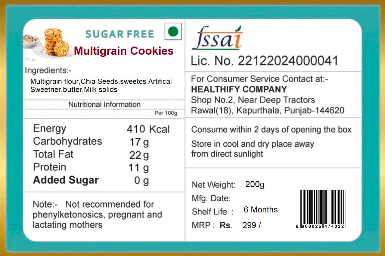 Healthify Sugar Free Multigrain Cookies Biscuits ( 200 gram ) | Diabetic  Friendly | Low GI | Digestive Healthy Biscuits | Zero Sugar Diabetic Cookies |  Baked Healthy Diabetic Snacks